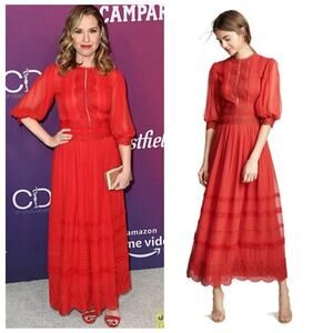 COSTARELLOS Red Scalloped Lace-Trim Maxi Dress Silk Gown Embroidered 36 4 S